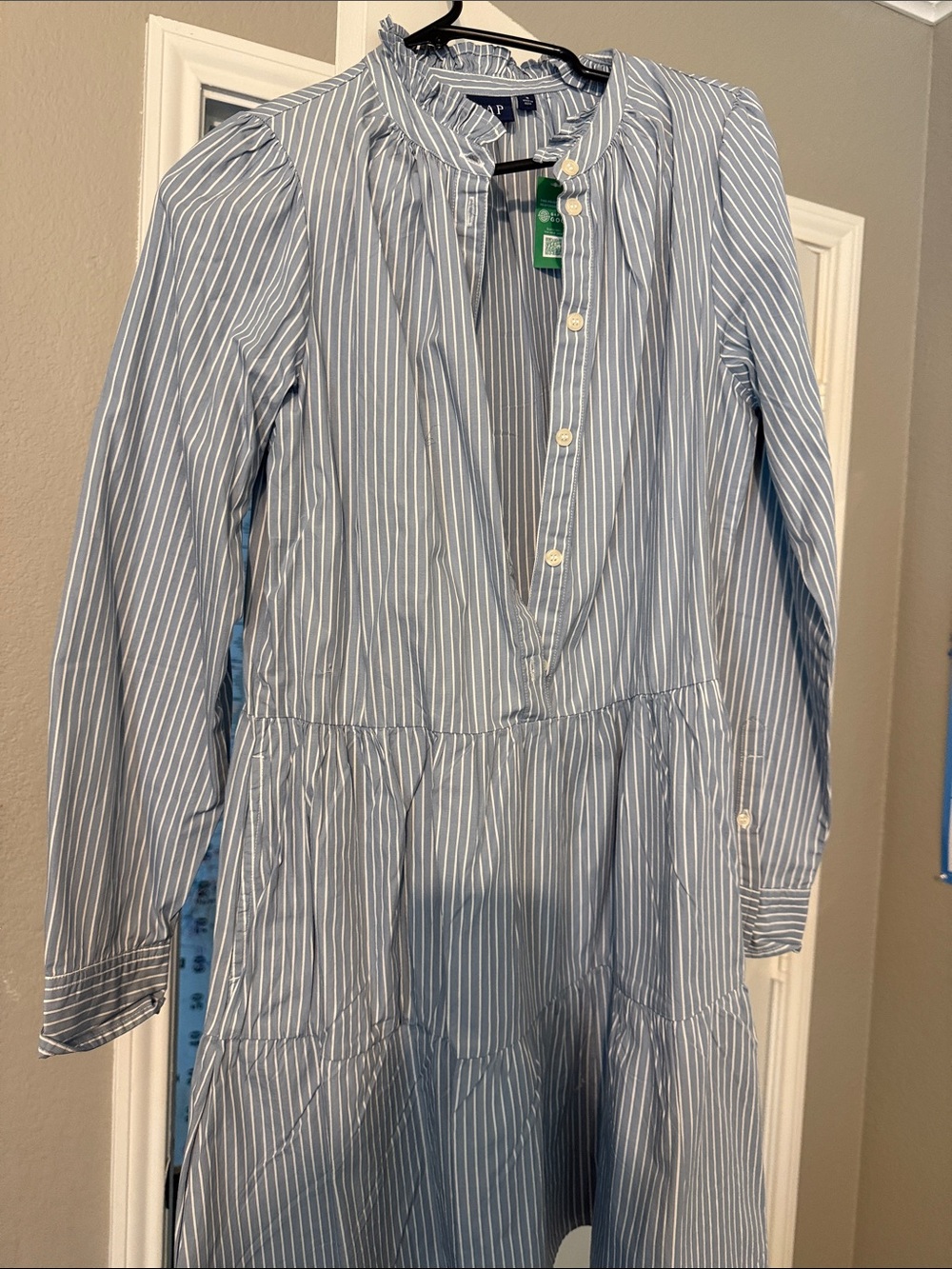 GAP Blue and White Striped Long-Sleeve Tiered Shirt Dress